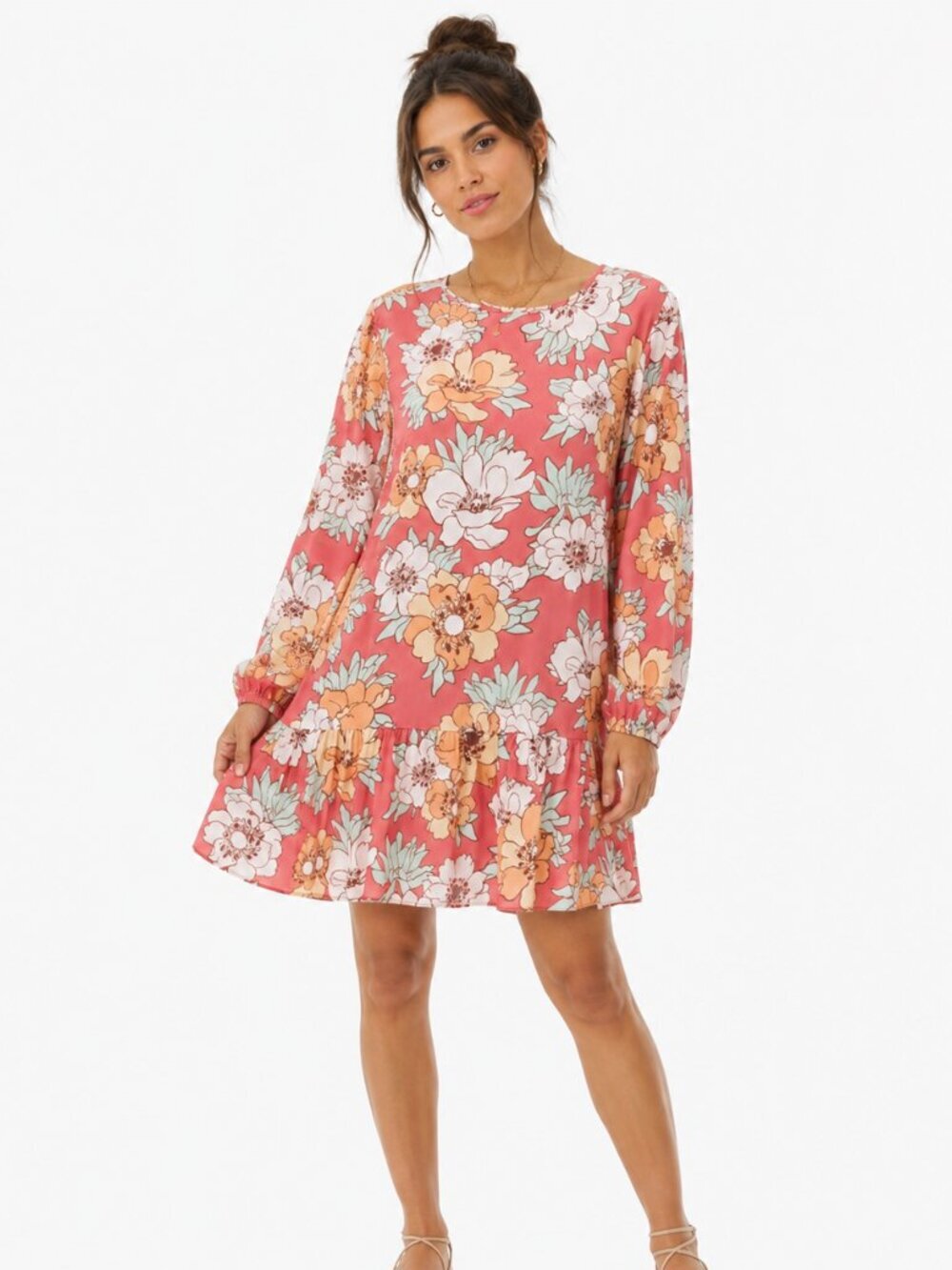 Aritzia Wilfred Lambrusco Tiered Mini Dress Dress Warm Red Subtle Mint Floral